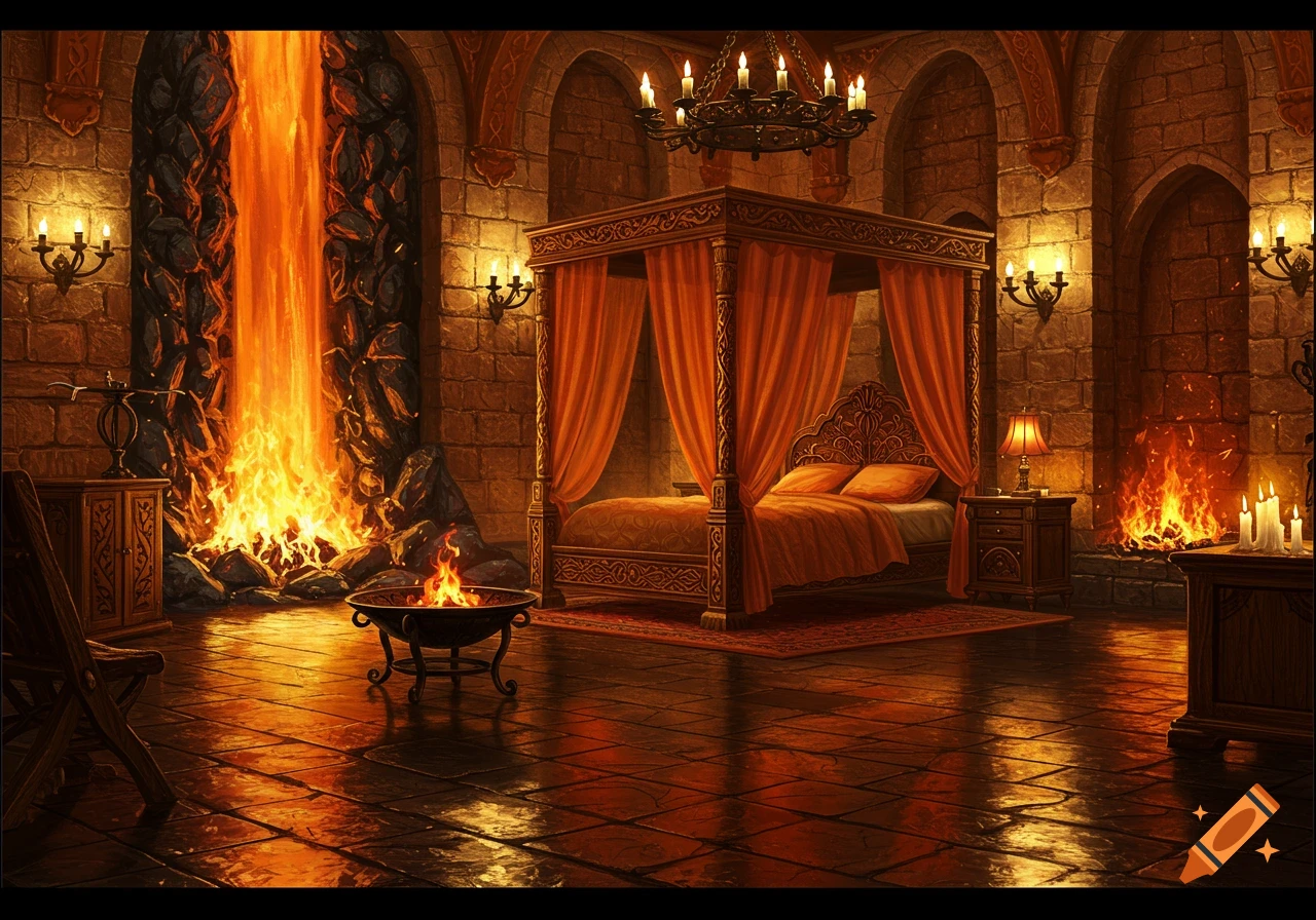 A medieval fantasy bedroom with a four-poster bed and multiple fire features, including a waterfall of flames and a fireplace, creating a fiery glow.