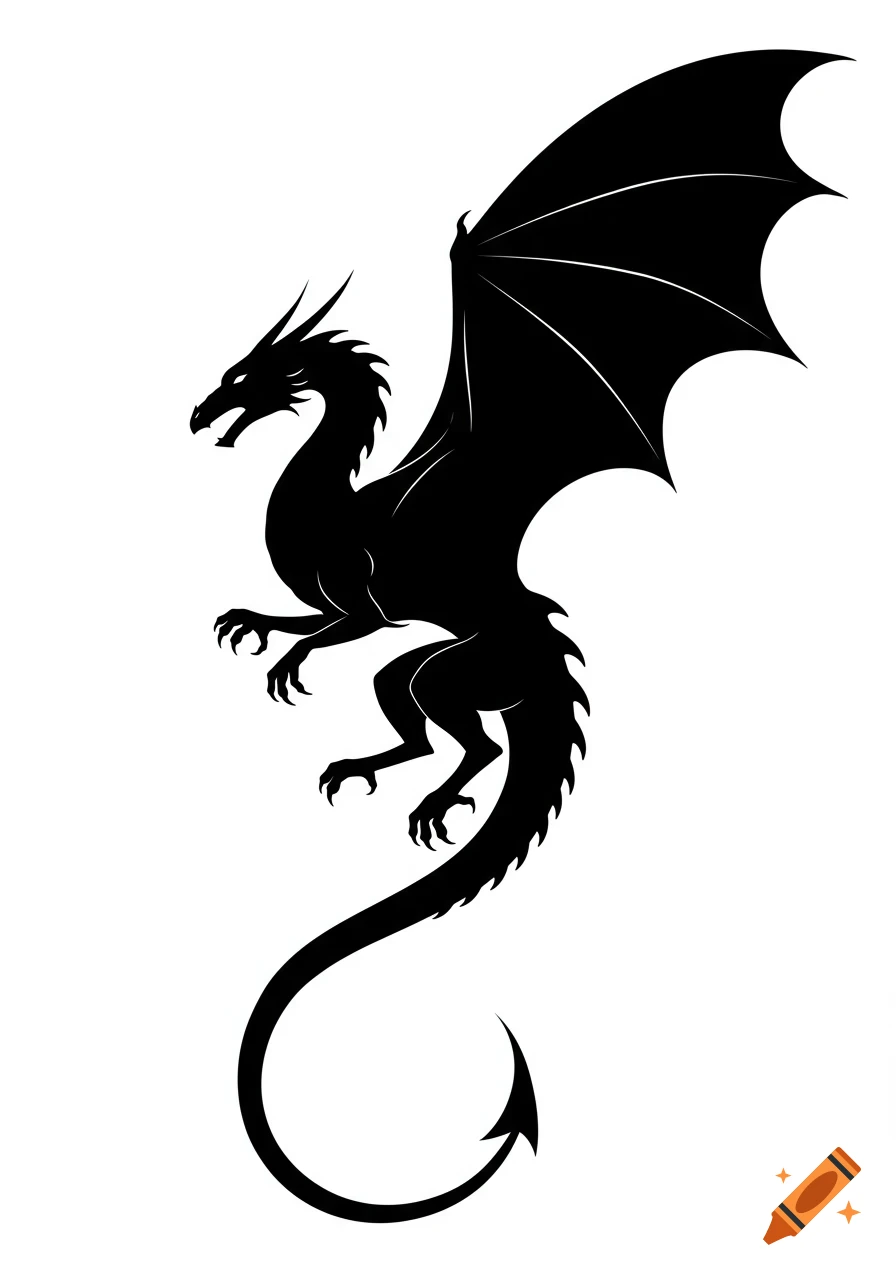 Black silhouette of a winged dragon flying, illustration style.