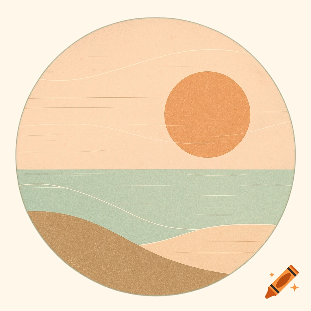 Minimalist retro illustration of a sunset over the sea and sandy dunes, within a circular frame.