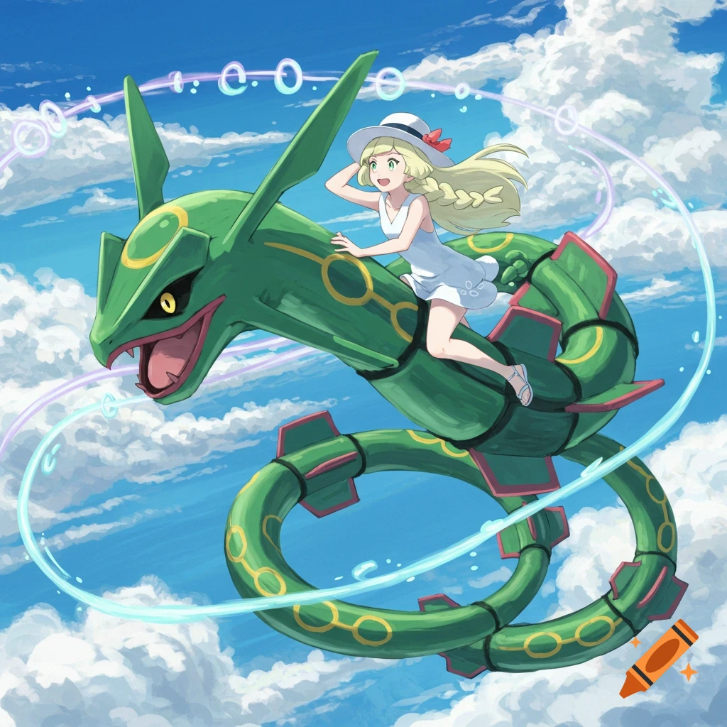 Anime style illustration of Pokemon trainer Lillie riding on the back of the green dragon Pokemon Rayquaza through a blue sky with clouds.