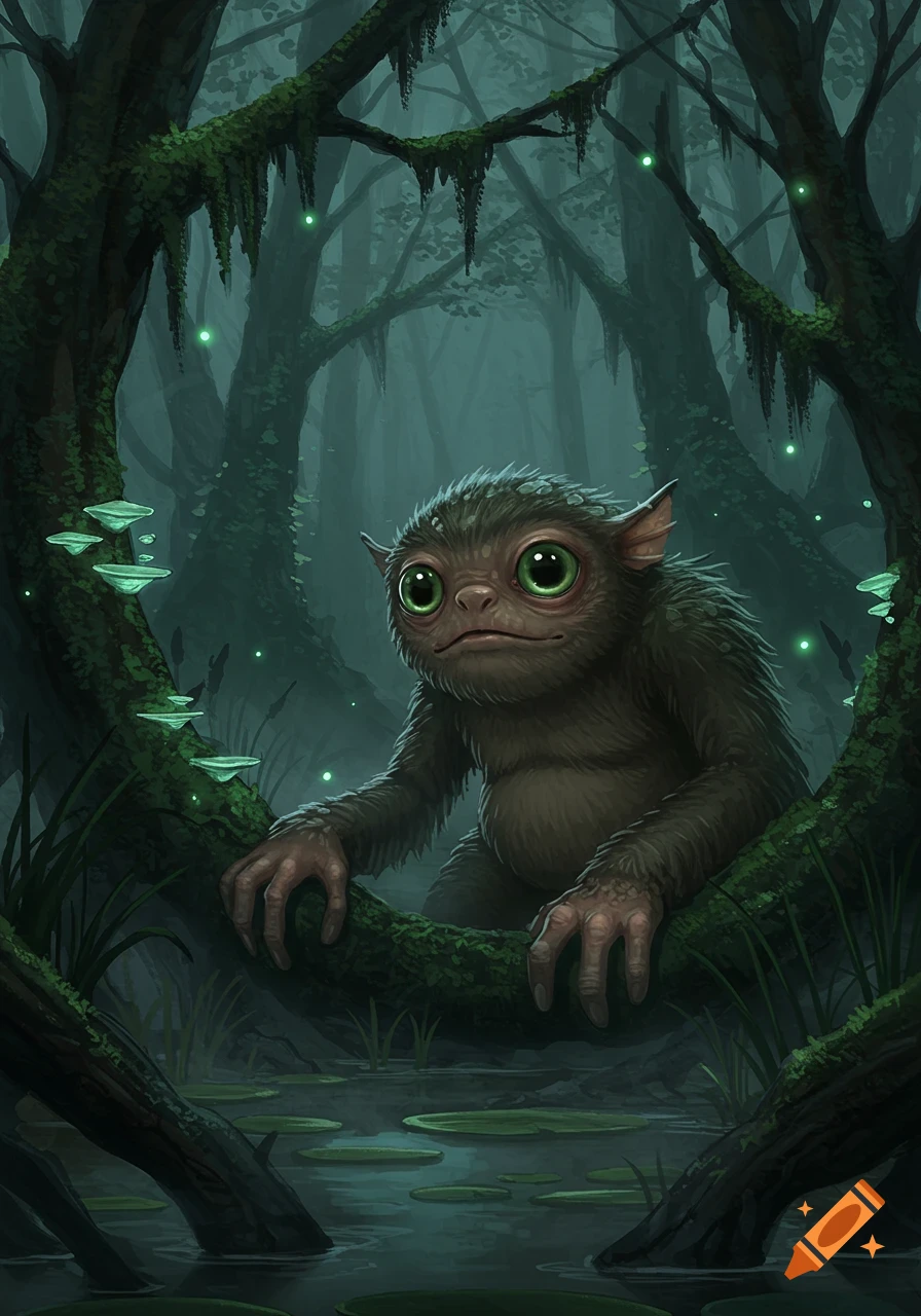 A cute, fuzzy creature with large green eyes sits on a mossy log in a dark, misty swamp with glowing lights.