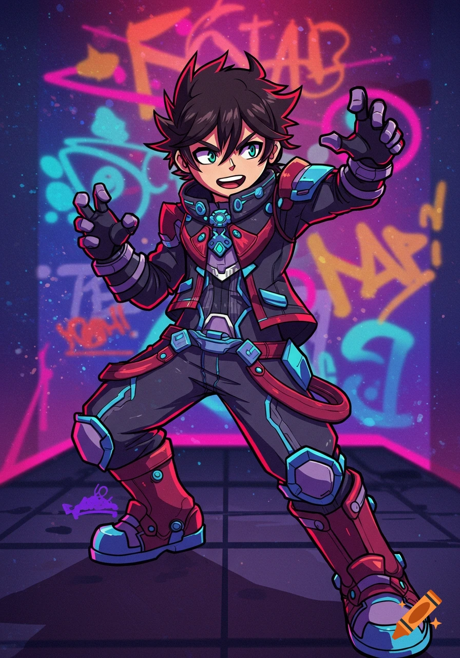 A male anime character in a black, red, and blue futuristic outfit, standing dynamically against a neon graffiti background.