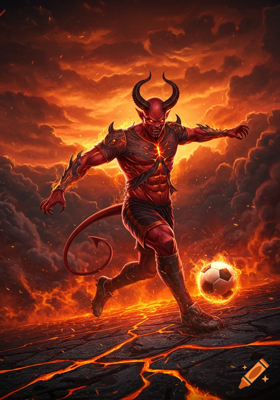 A red, horned devil playing soccer on cracked, fiery ground under a dark, smoke-filled, orange sky, with a flaming soccer ball.