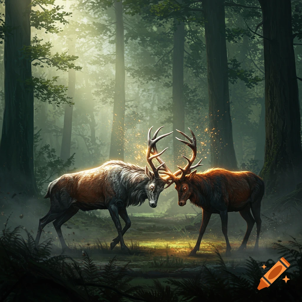 Two fantastical stags with glowing eyes and antlers face off in a misty, sunlit forest with ethereal particles.