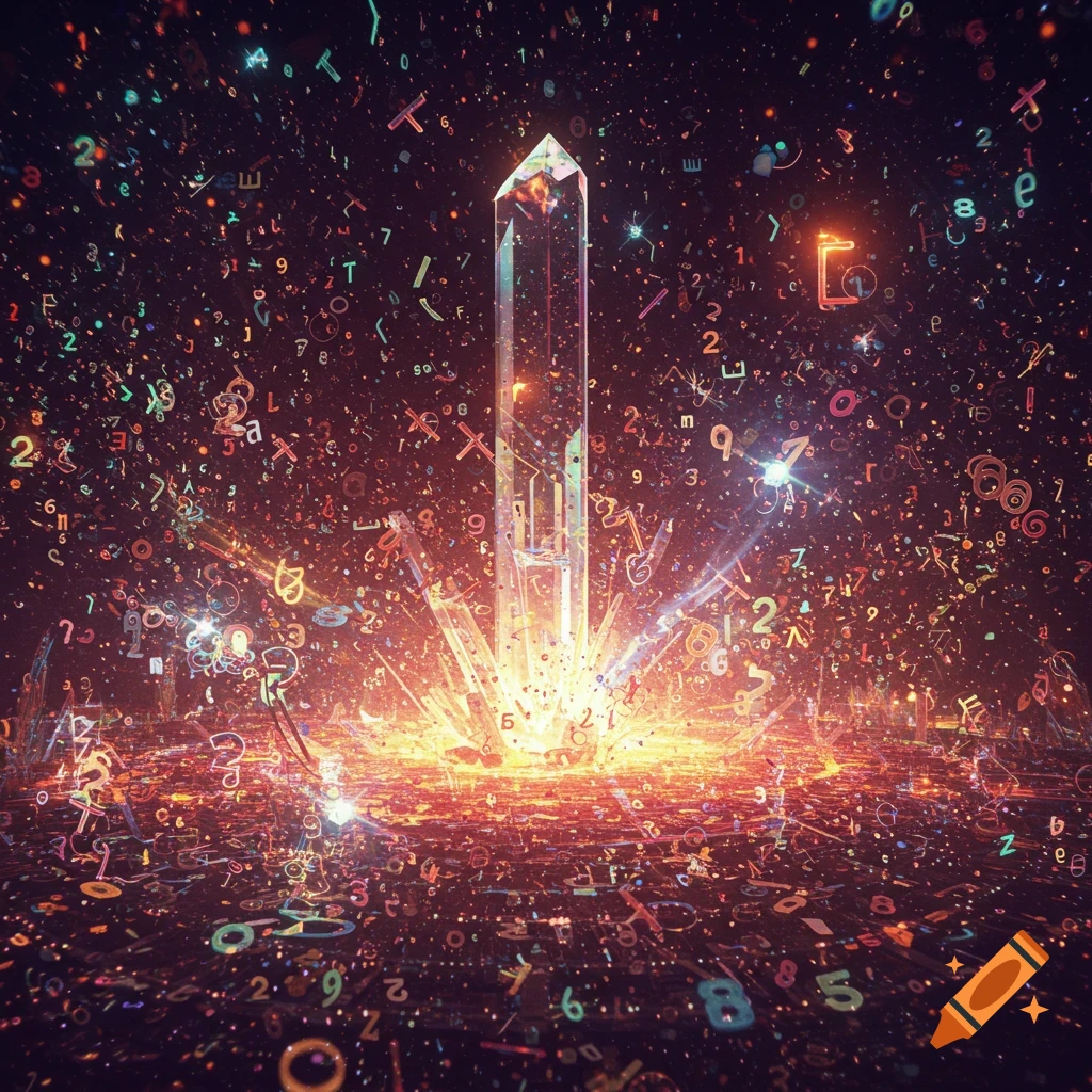 A glowing, crystalline obelisk rises from a ground covered in numbers and symbols, surrounded by a swirling vortex of colorful, illuminated digits and characters against a dark background, evoking a data explosion.