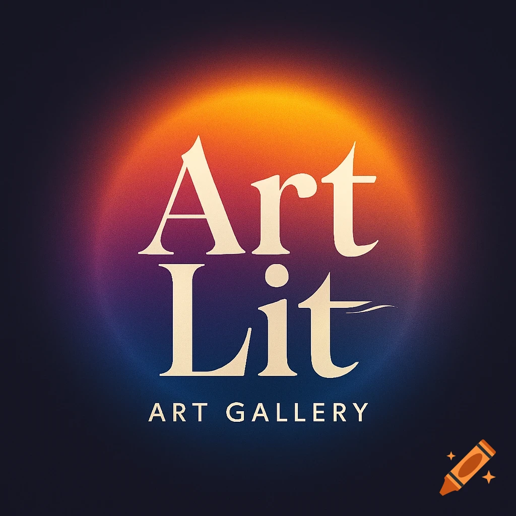 Cream-colored serif text "Art Lit ART GALLERY" on a dark background with a circular orange, red, and blue gradient.