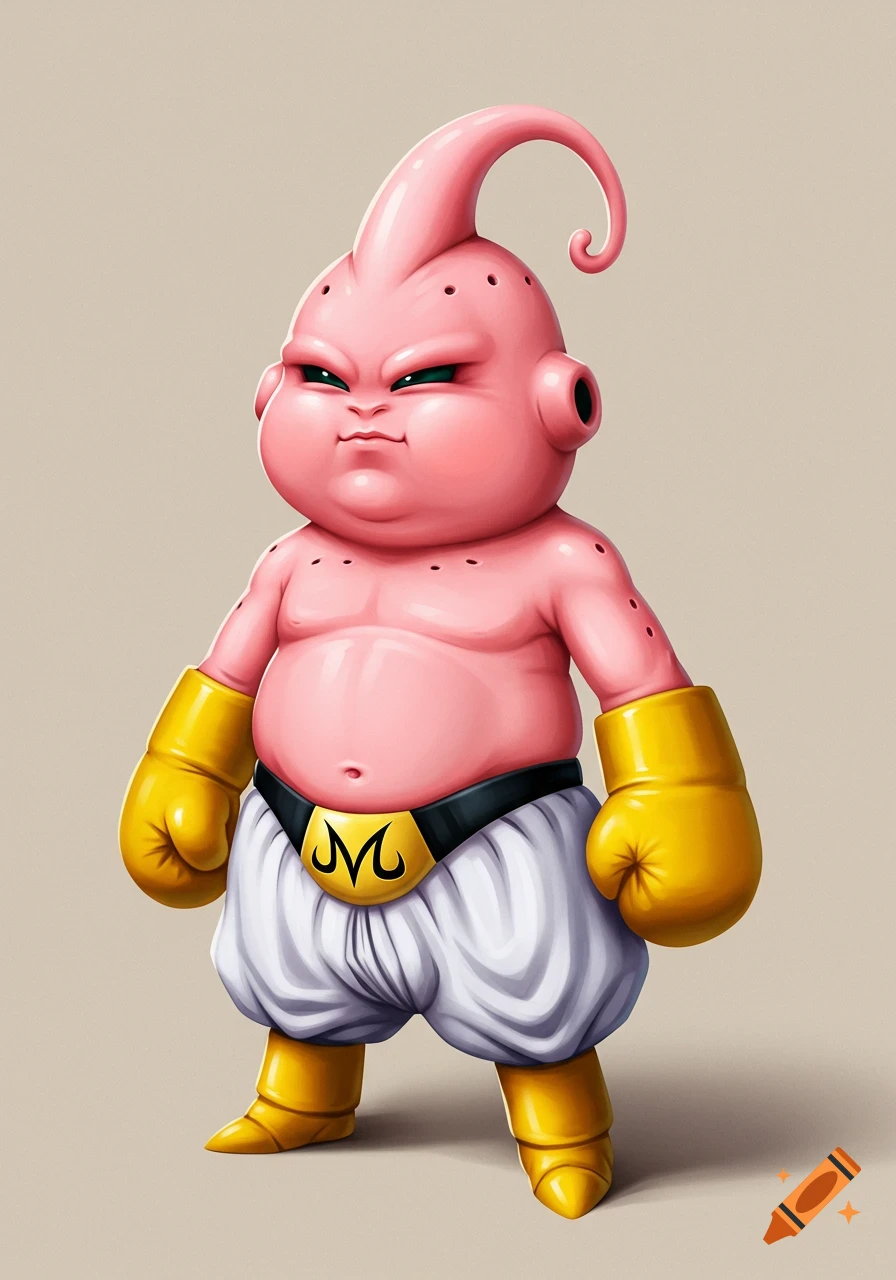 A full body illustration of a chubby pink Majin Buu from Dragon Ball, wearing white pants and yellow gloves, on a neutral background.