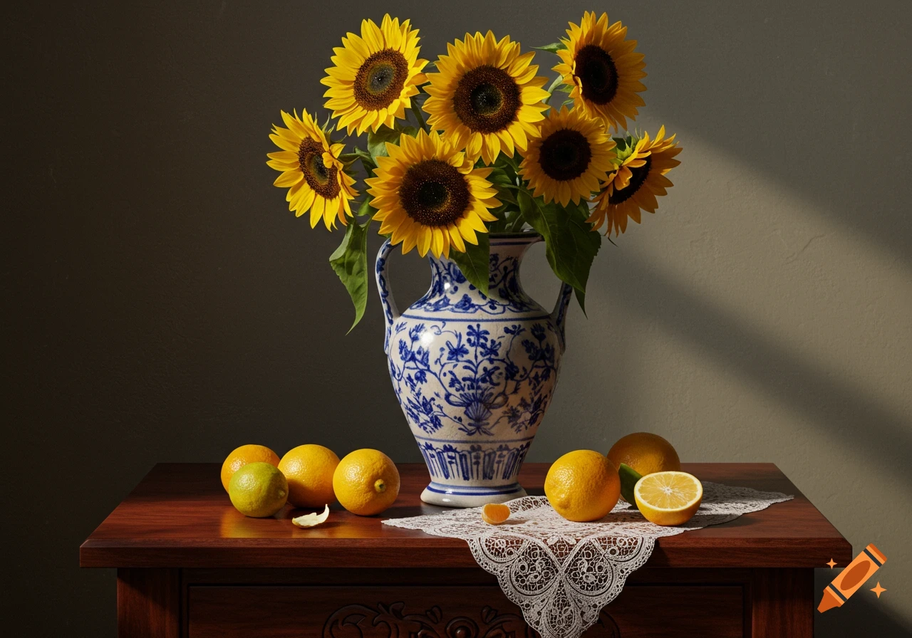 A photorealistic still life with sunflowers in a blue and white vase, with lemons and limes on a wooden table with a lace doily.