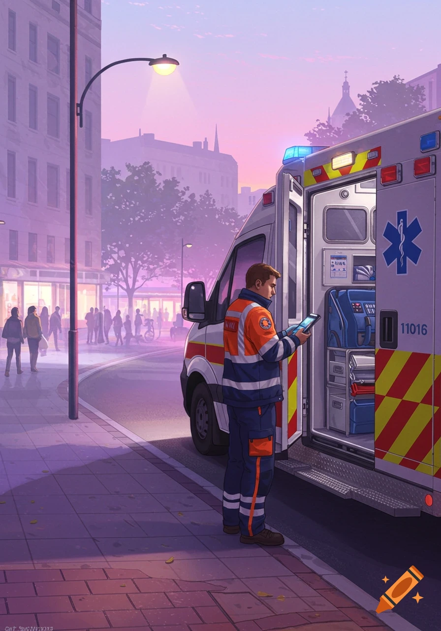 An ambulance and a paramedic looking at a tablet on a city street at dusk, with buildings and people in the background, in an illustration style.