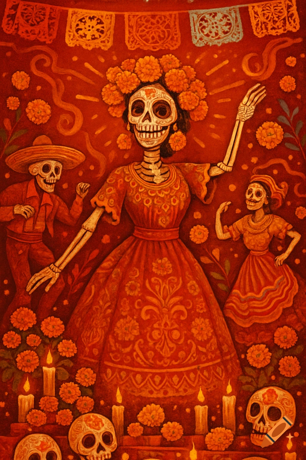 Stylized painting of three calaveras dancing for Day of the Dead, surrounded by marigolds, candles, and papel picado, in red and orange tones.