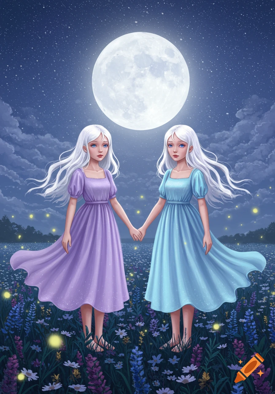 Two twin girls with white hair in purple and blue dresses hold hands in a field of glowing flowers under a full moon at night.