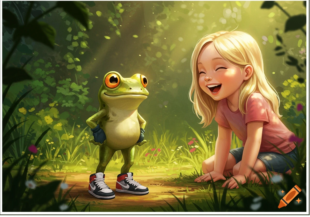 A smiling cartoon girl kneels across from an anthropomorphic frog wearing sneakers in a sunny forest.