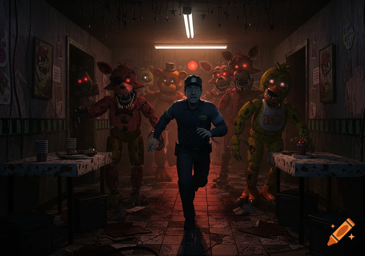 A terrified night guard runs through a dark, messy room, being pursued by five monstrous animatronic characters from Freddy Fazbear's Pizzeria.