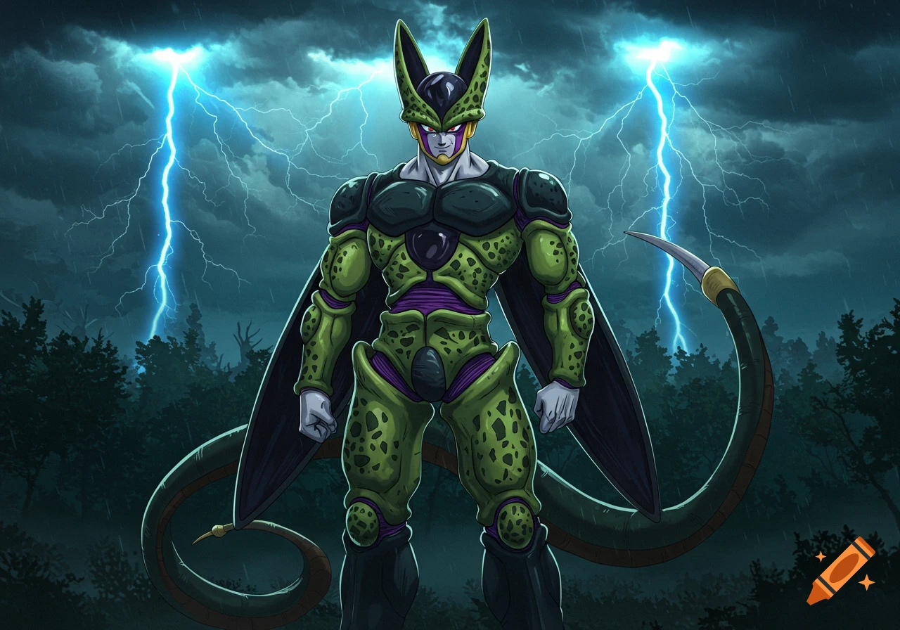 Imperfect Cell, a green and black alien-like character, stands defiantly in a dark forest with bright lightning strikes.