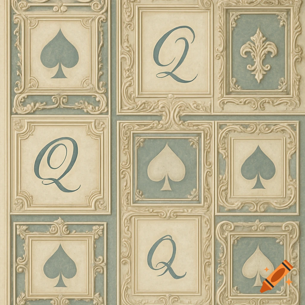 Vintage French style wallpaper pattern with cream, blue panels, filigree borders, spade symbols, and cursive 'Q' letters.