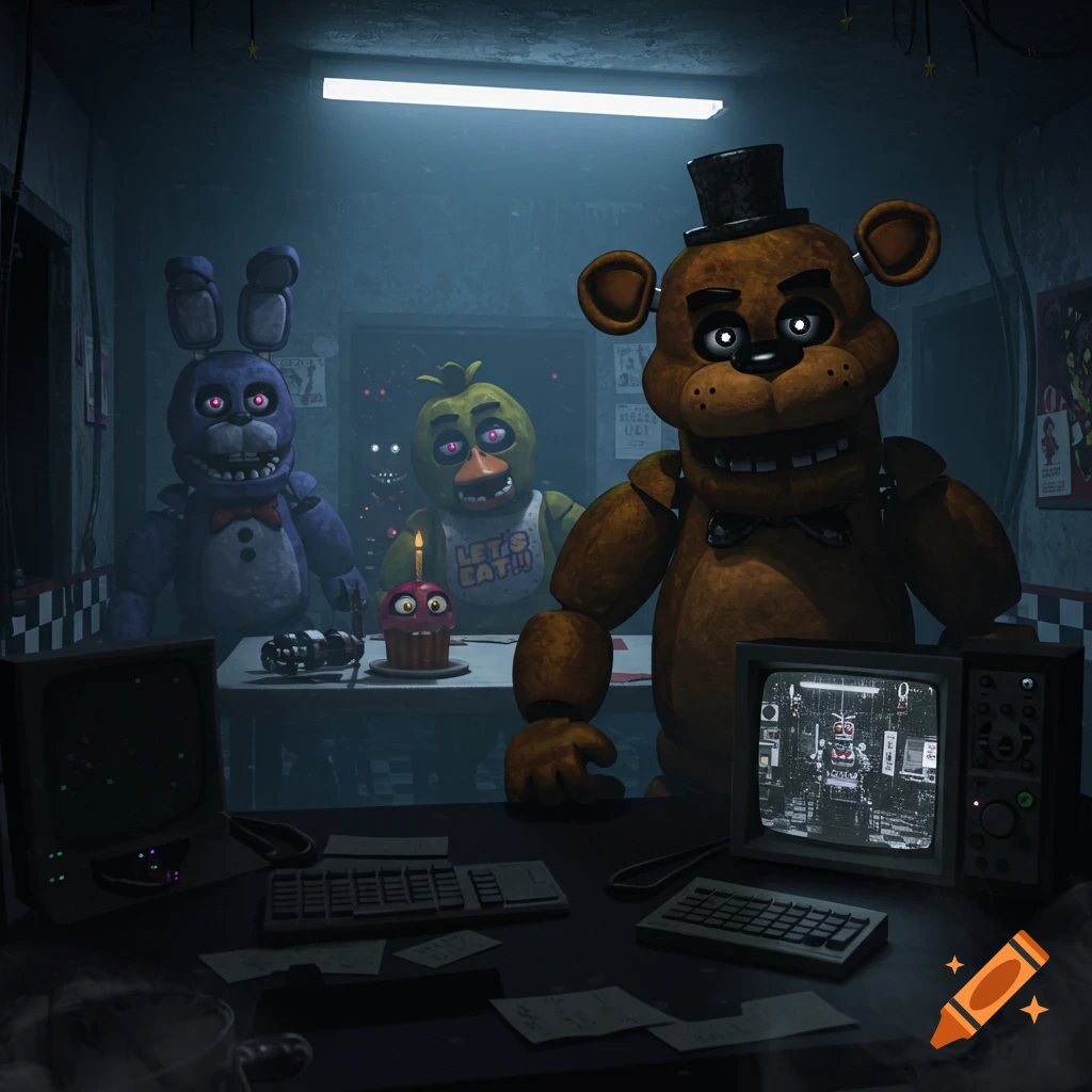 Freddy Fazbear, Bonnie, and Chica stand in a dark, eerie security office, Freddy in foreground.