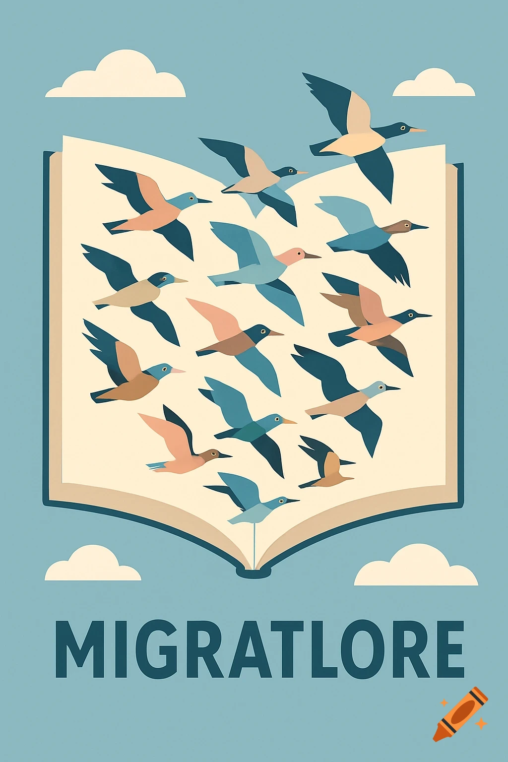 Stylized illustration of an open book with many birds flying out, set against a blue sky with clouds. The word 'MIGRATLORE' is at the bottom.
