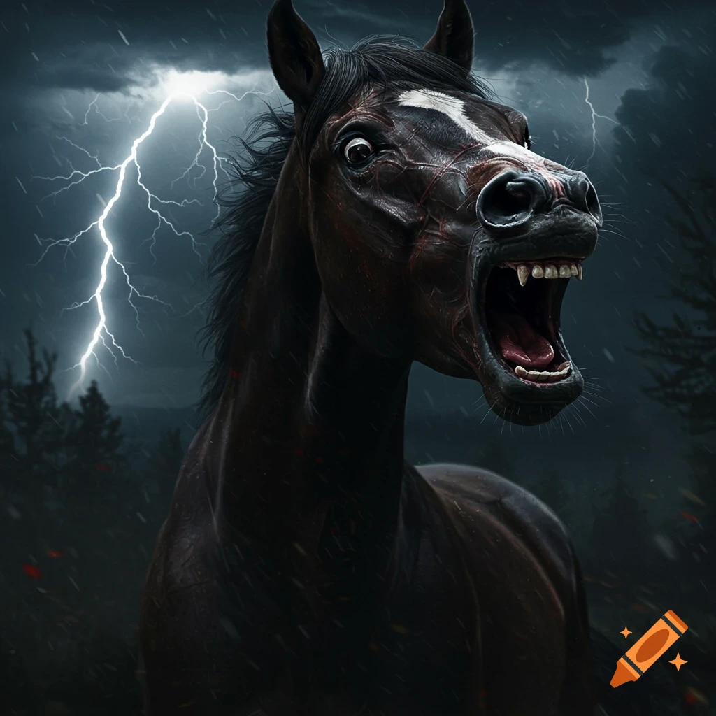 A terrified horse with bared fangs screams in a stormy forest under a lightning strike.
