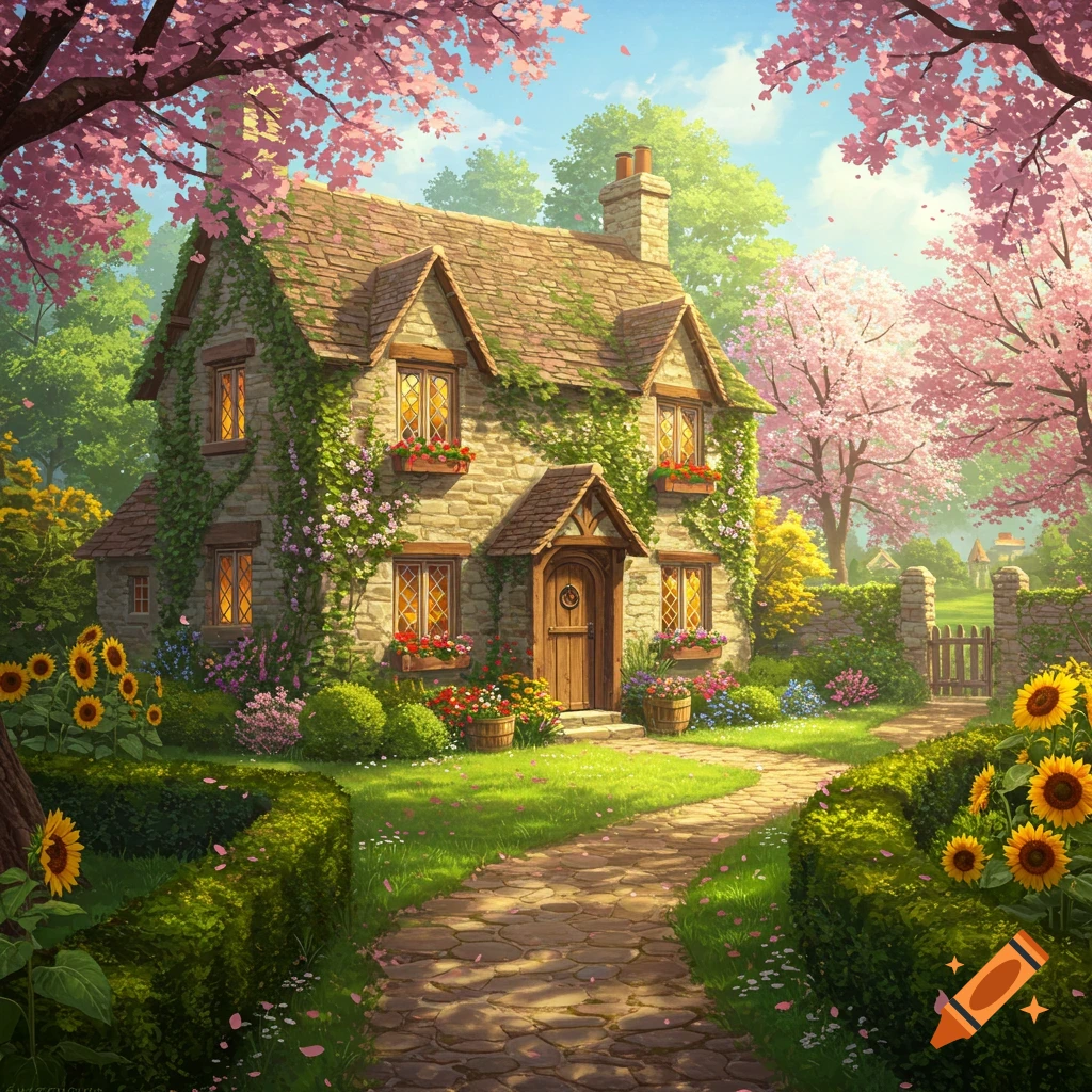 A charming stone cottage with ivy, surrounded by a lush spring garden with pink cherry blossoms and sunflowers.