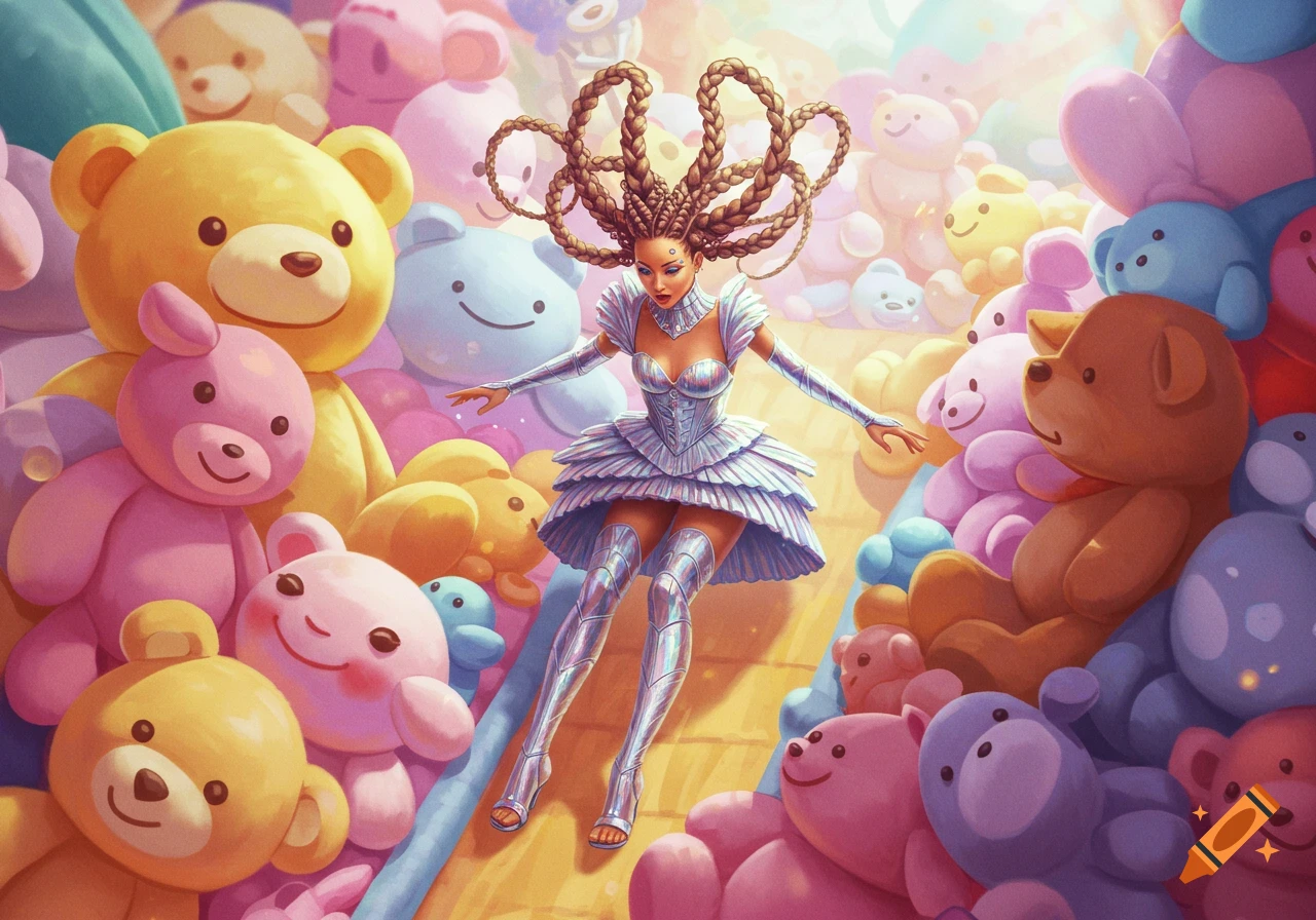 A woman with elaborate braided hair and a shimmering silver outfit floats down a pile of colorful teddy bears and plushies in a bright, whimsical illustration.
