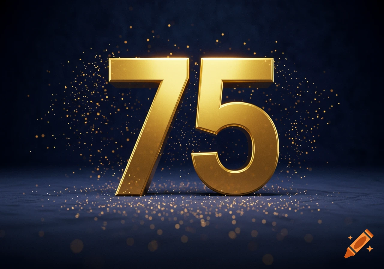 A shimmering golden number 75 standing on a dark, sparkling surface with glowing particles.