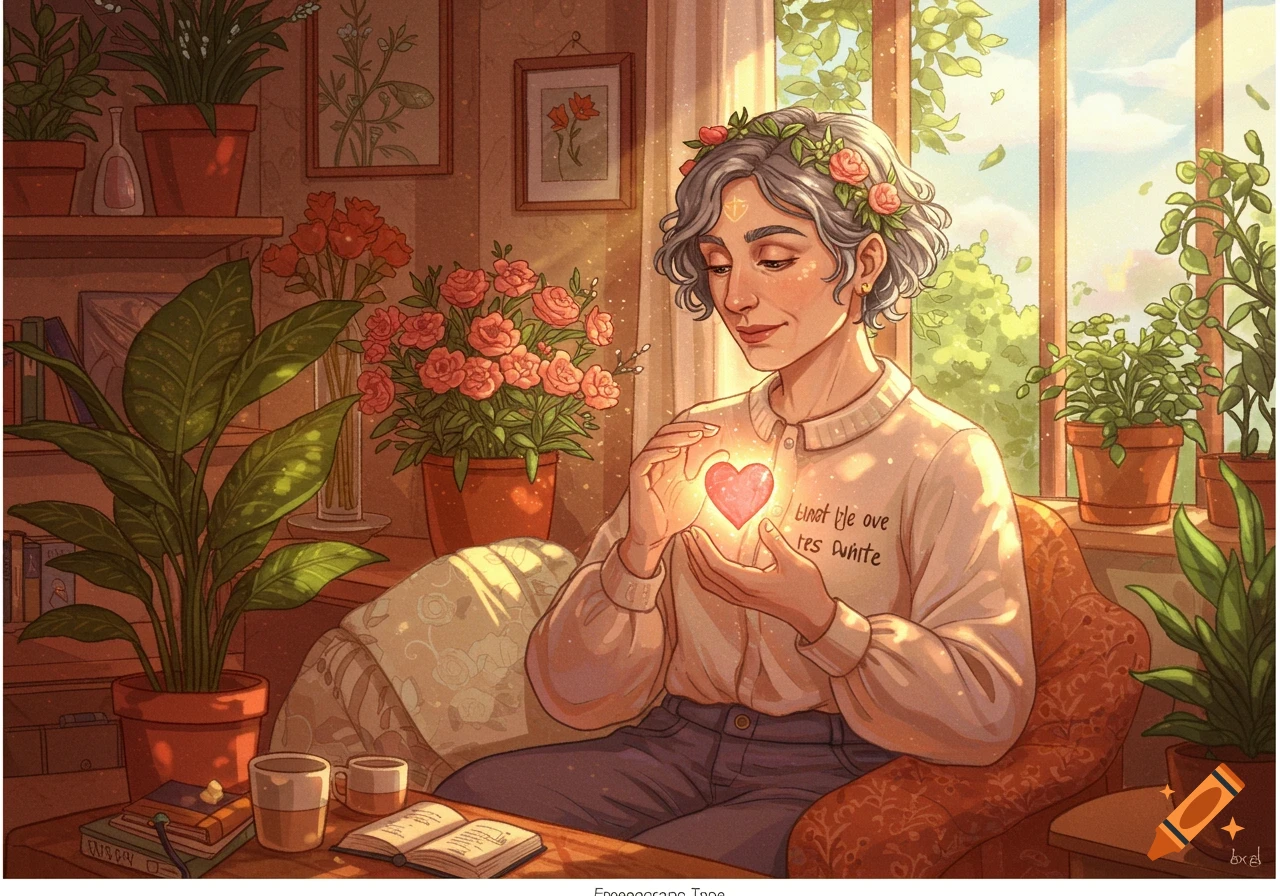 An illustration of a woman with gray hair and flower crown sitting in a sunlit room filled with plants, holding a glowing pink heart.