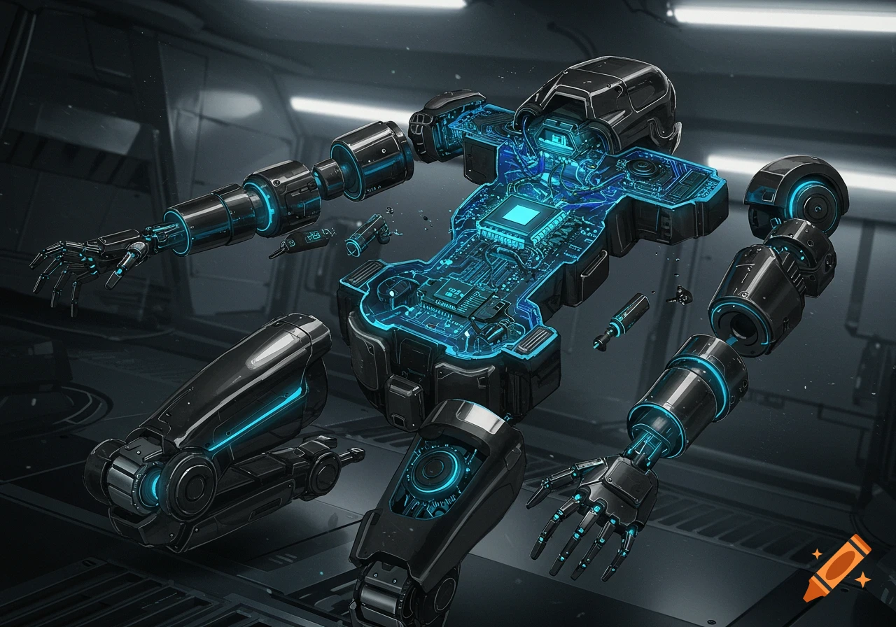 A disassembled futuristic robot body with glowing blue internal circuitry, against a dark, metallic sci-fi background.