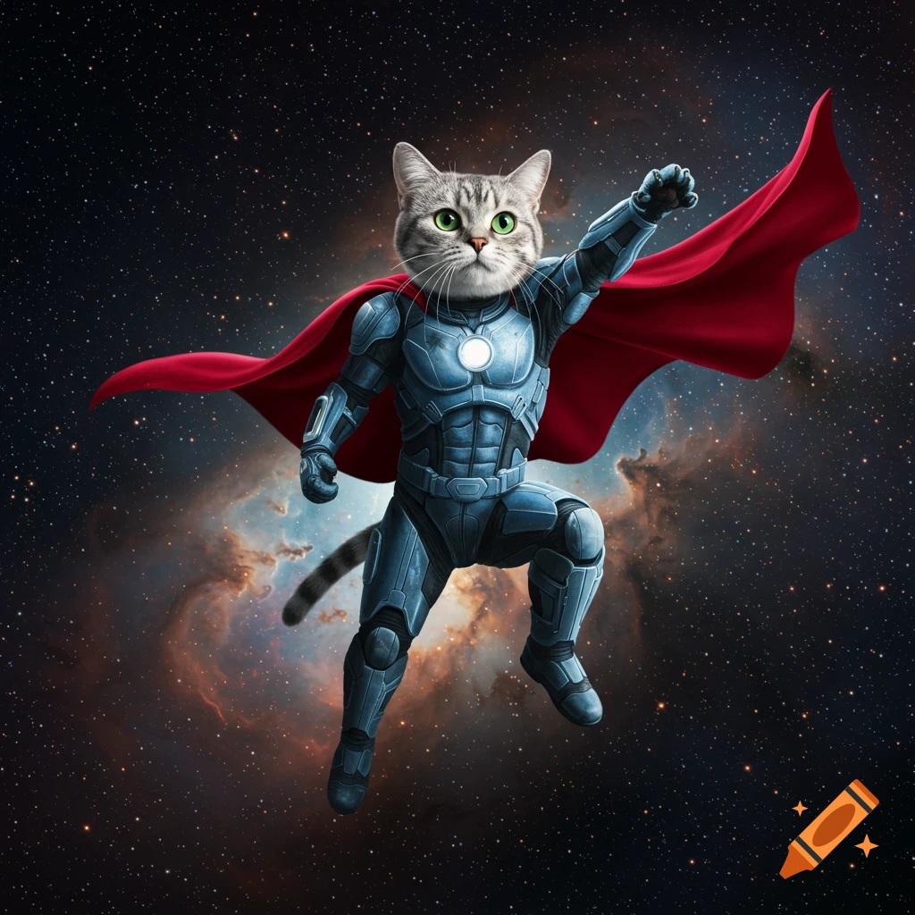 A photorealistic superhero cat with green eyes and a red cape flying through space, against a backdrop of stars and a colorful nebula.