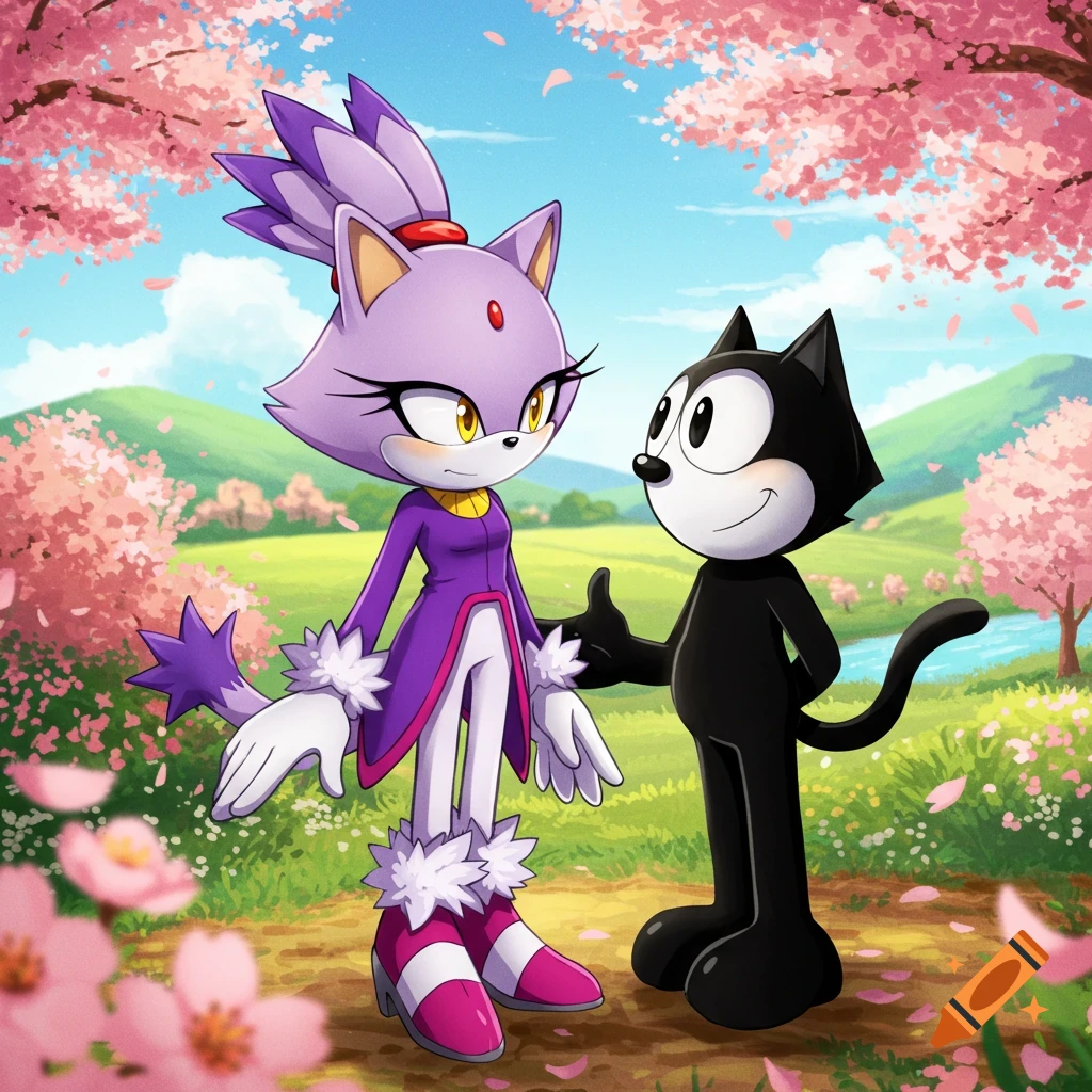 Blaze the Cat and Felix the Cat stand together in a vibrant field of pink cherry blossoms under a blue sky. Felix gives a thumbs up.