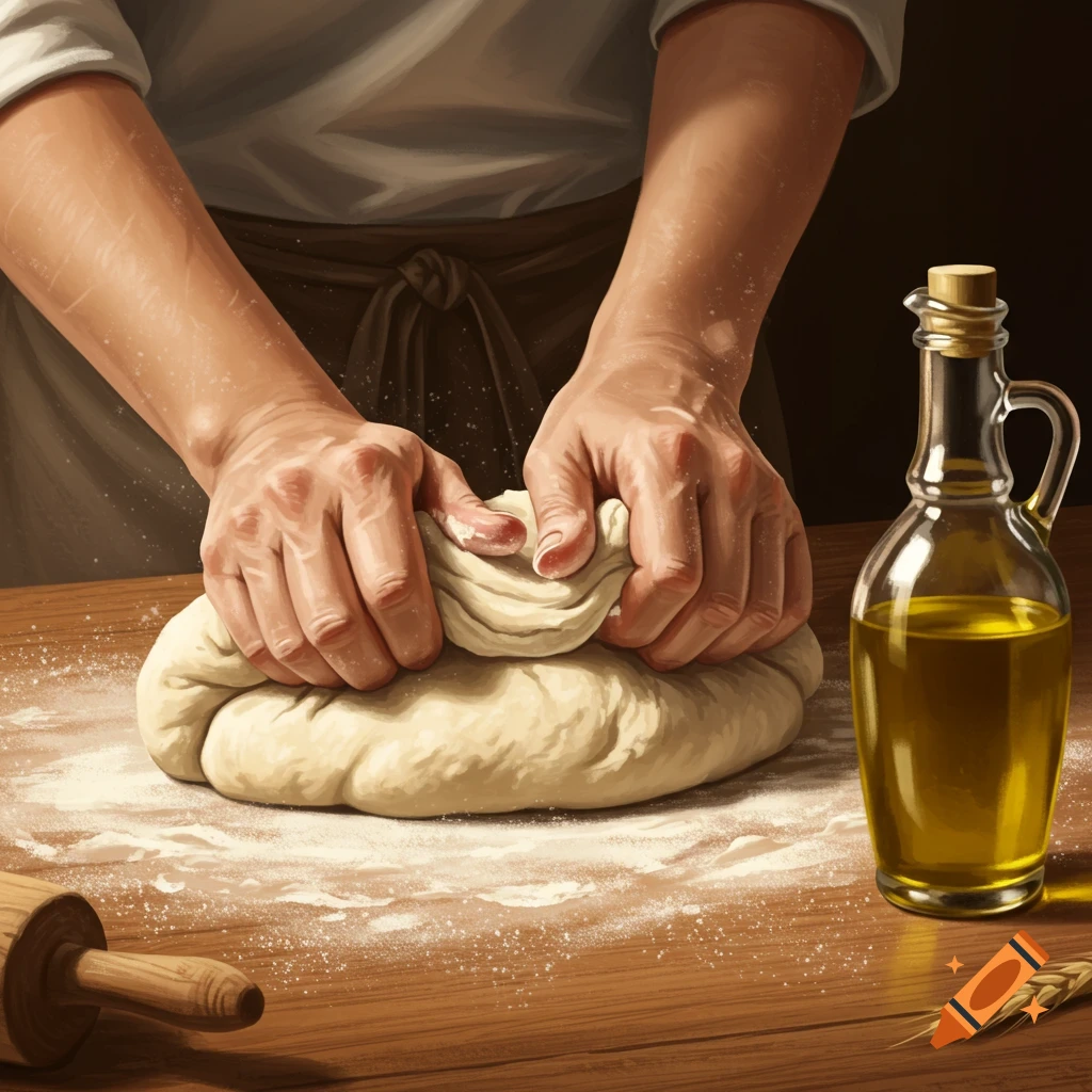 Close-up of hands kneading a large mass of dough on a flour-dusted wooden table, with olive oil and a rolling pin nearby.