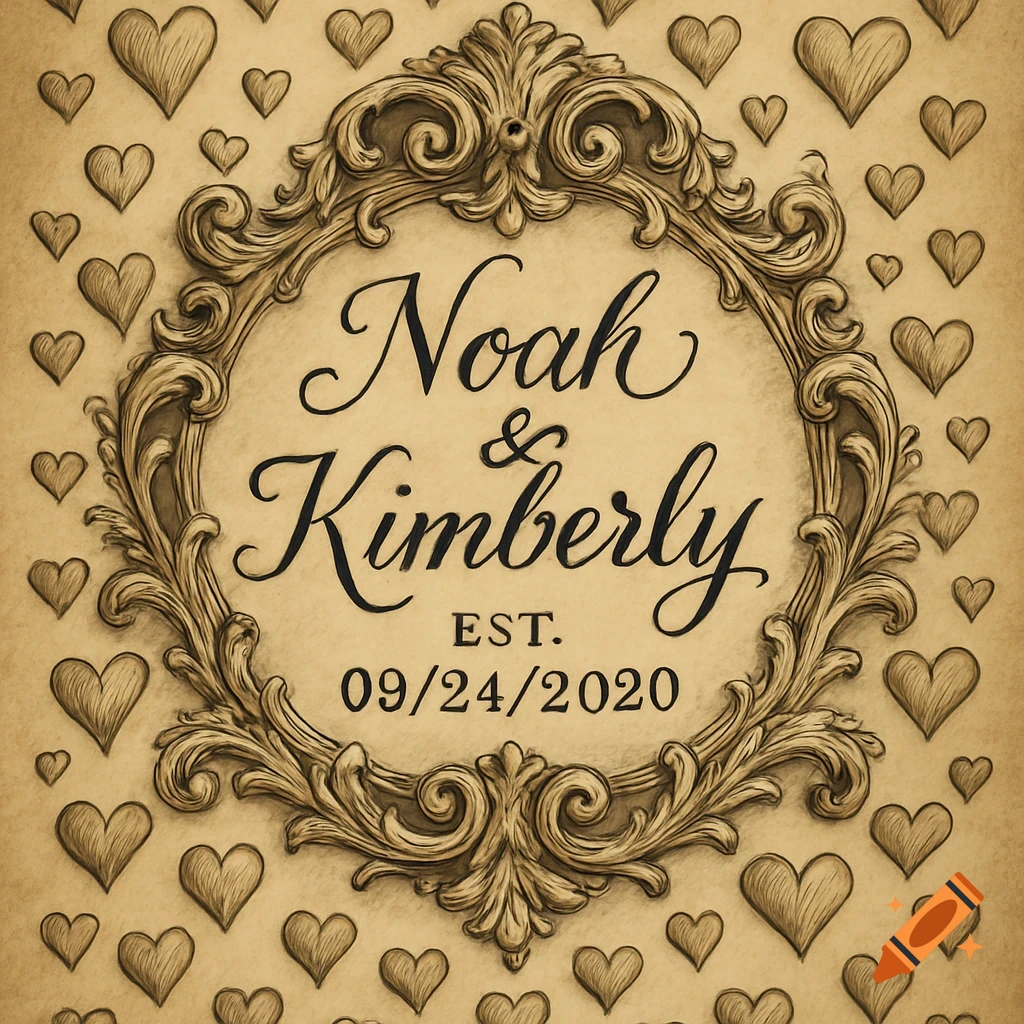 Vintage wedding banner with ornate frame, 'Noah & Kimberly', 'EST. 09/24/2020', and numerous hearts on aged paper.