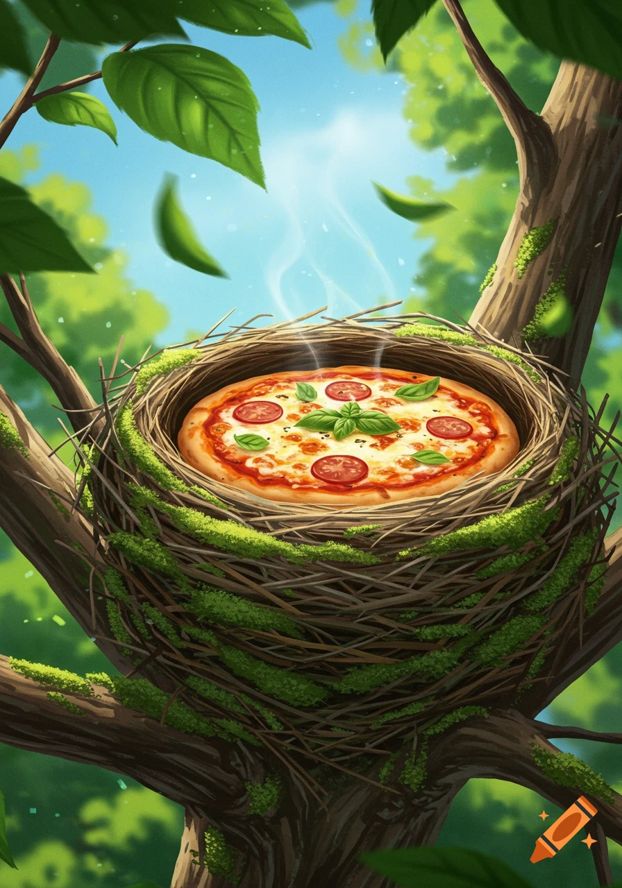Whimsical digital illustration of a hot pizza nestled in a mossy bird's nest high in a tree under a sunny blue sky.