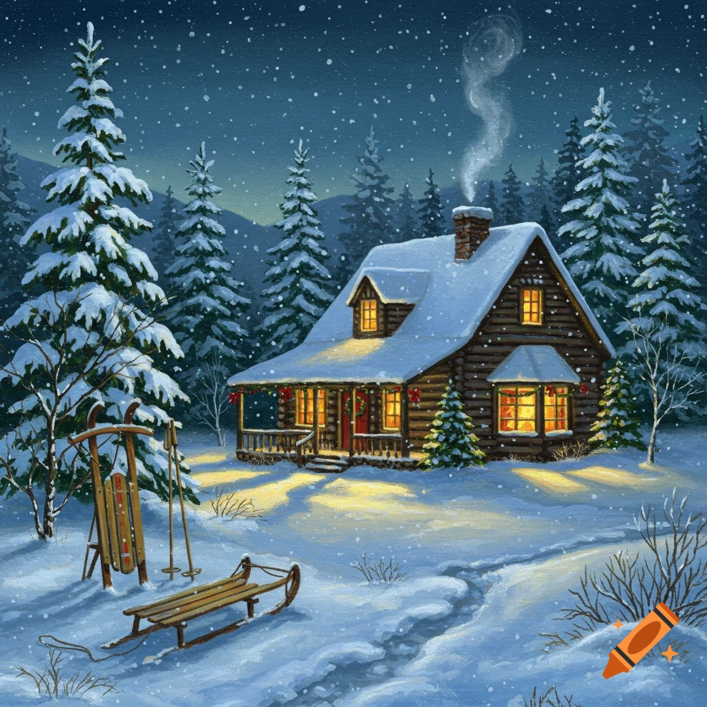 A picturesque snowy log cabin with glowing windows and smoke, surrounded by snow-covered pine trees and sleds at night.