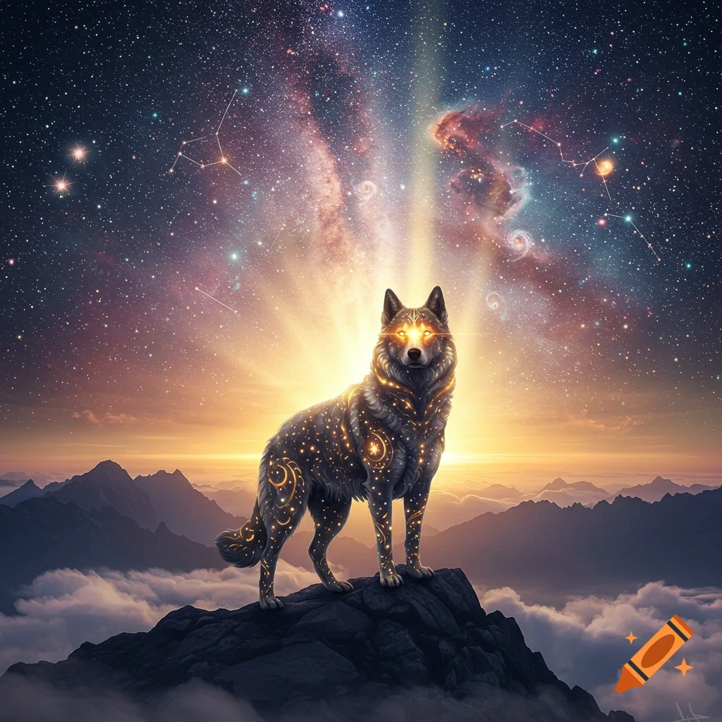 A mystical wolf with glowing eyes and golden patterns stands on a mountain peak, bathed in cosmic light from a starry galaxy.