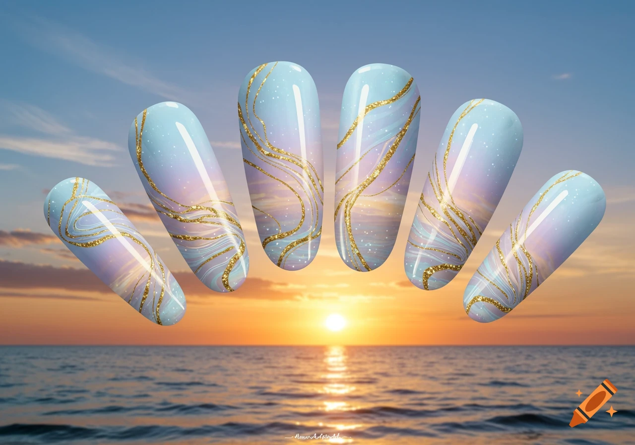 Six pastel blue and gold swirled false nails floating above a vibrant sunset ocean.