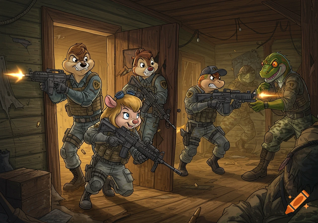 Anthropomorphic cartoon characters resembling Rescue Rangers, in military gear, engage in a shootout inside a dingy wooden shack.