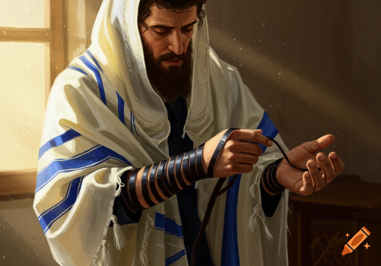 A man with a beard wearing a white tallit with blue stripes, wrapping black tefillin straps around his arm, in a painted style.