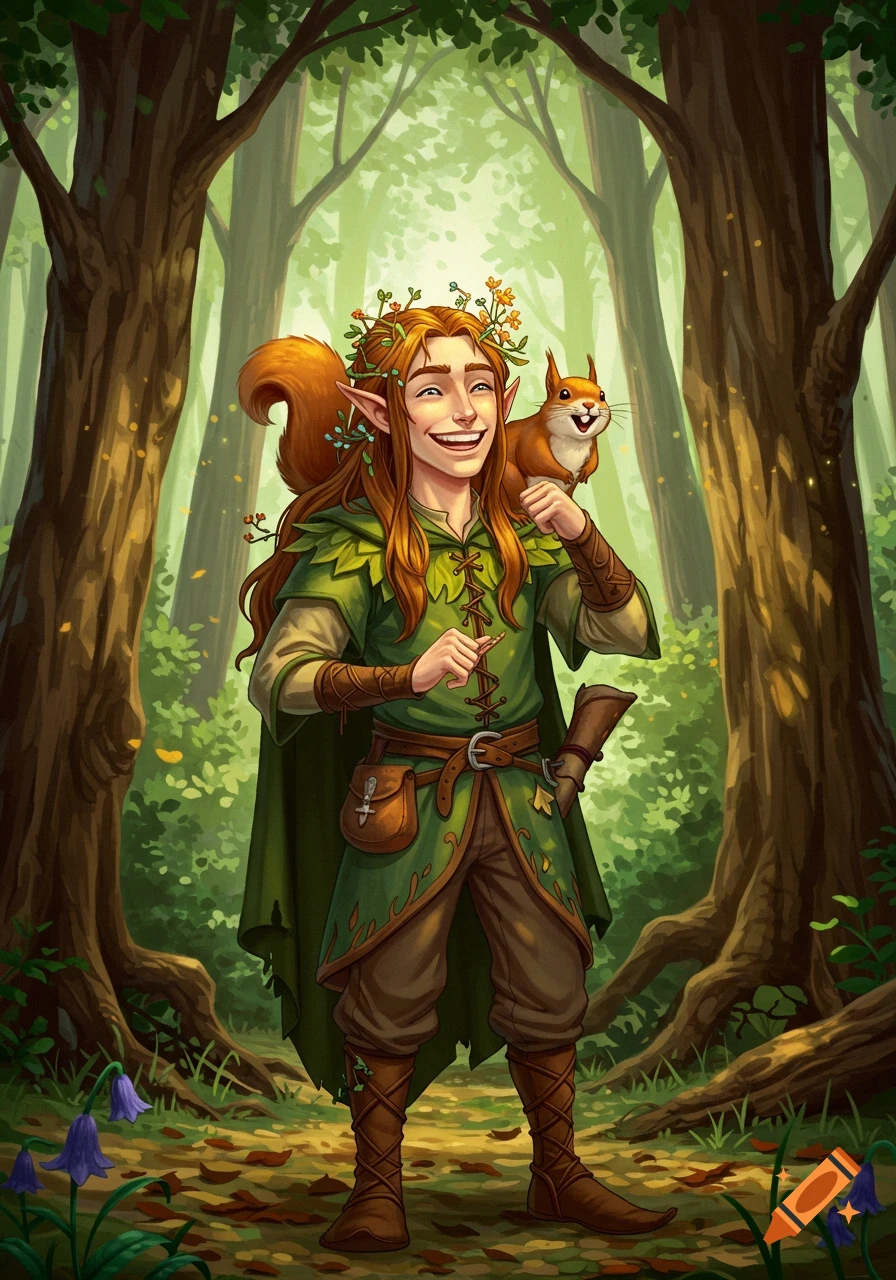 A smiling male elf druid with long red hair, pointed ears, and a flower crown, stands in a forest with a squirrel on his shoulder.