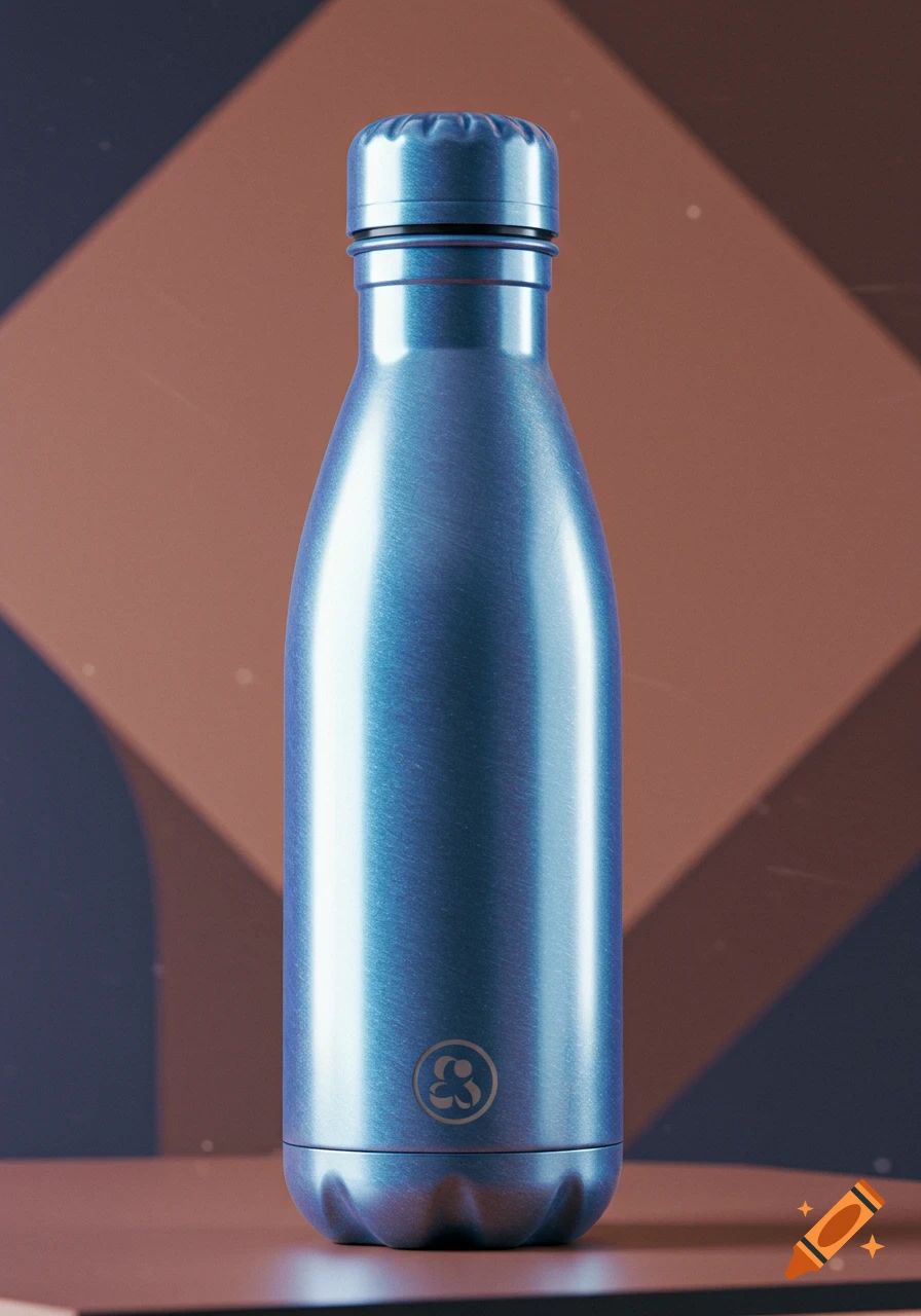 A metallic blue reusable water bottle with a small abstract logo sits on a dark brown surface against a geometric background.