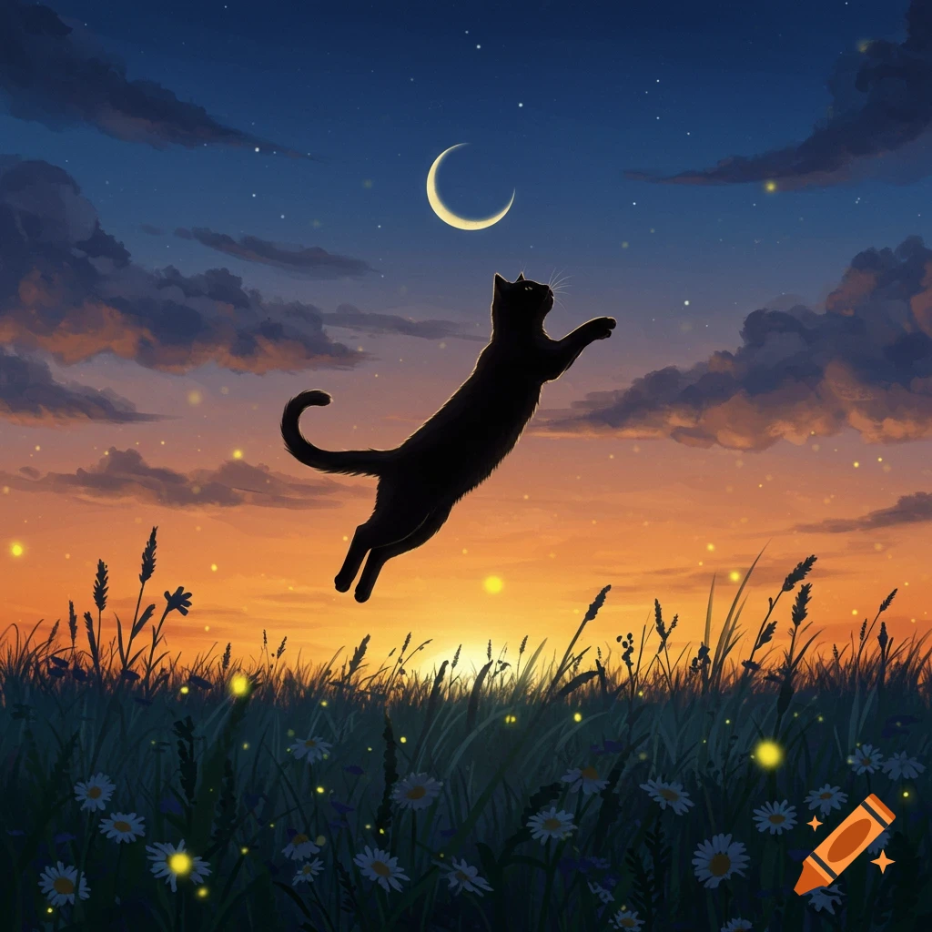A stylized illustration of a black cat jumping over a field of flowers and grass at twilight, with a crescent moon in the sky.