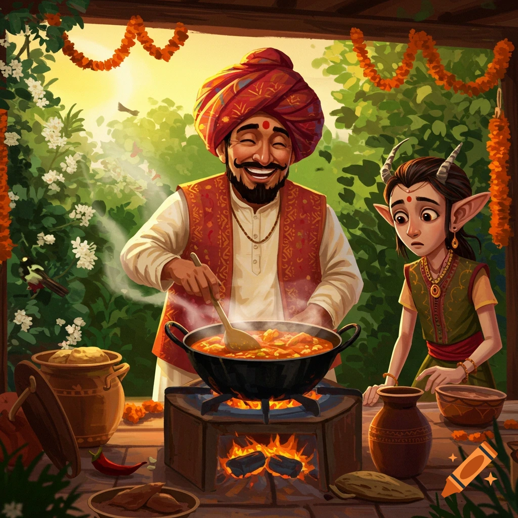 A smiling Indian man in a turban cooks curry over a fire while a curious fantasy girl with long ears and horns watches, surrounded by lush greenery and marigold garlands.