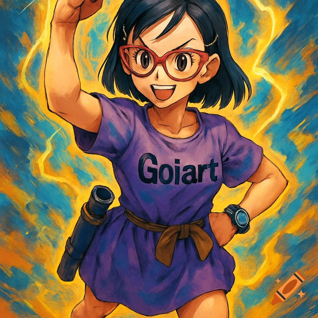 Anime girl in red glasses and a purple 'Goiart' dress, striking a victory pose against a vibrant energy background.