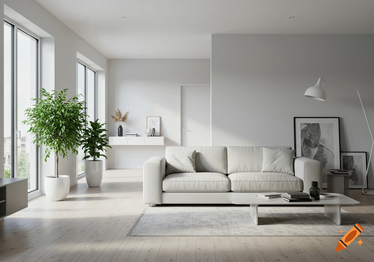 A bright, modern living room with a white sofa, coffee table, potted plants by large windows, and minimalist decor.