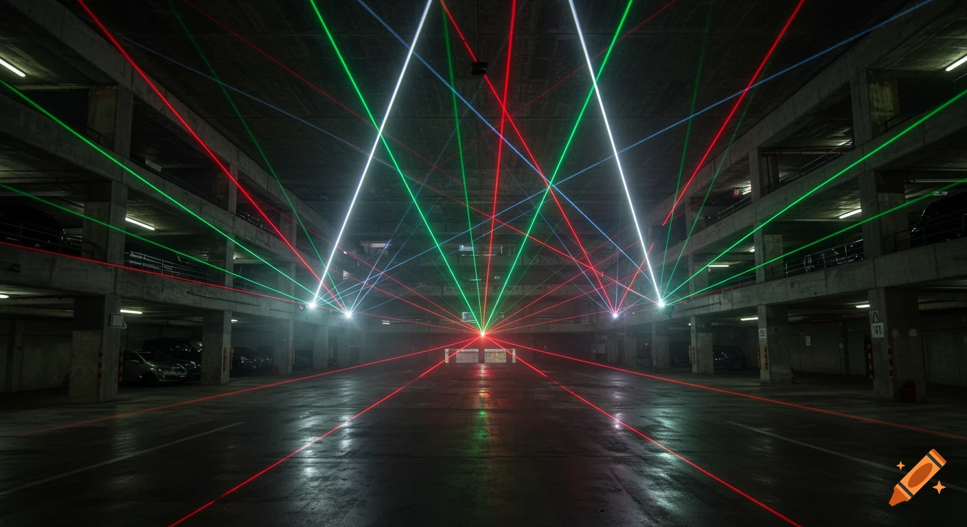Futuristic laser light art installation with red, green, and white beams intersecting in a multi-level parking garage.
