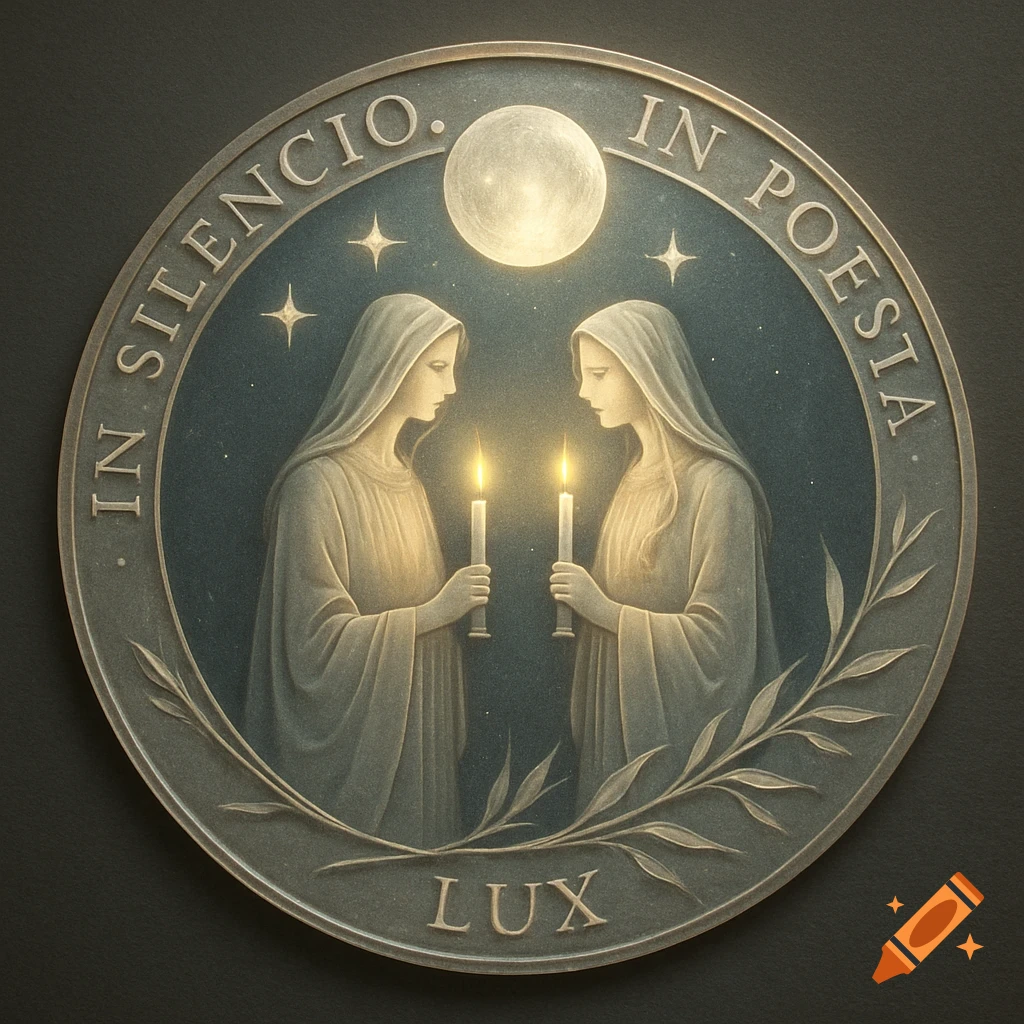 A mystical circular emblem with two robed women holding lit candles under a full moon and stars, surrounded by Latin text, in an ethereal style.