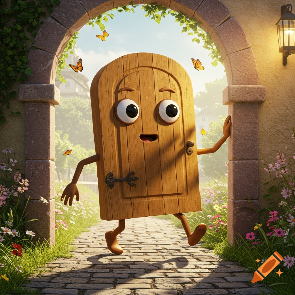 A whimsical animated wooden door with googly eyes, arms, and legs walks through a sunny stone archway in a vibrant garden.