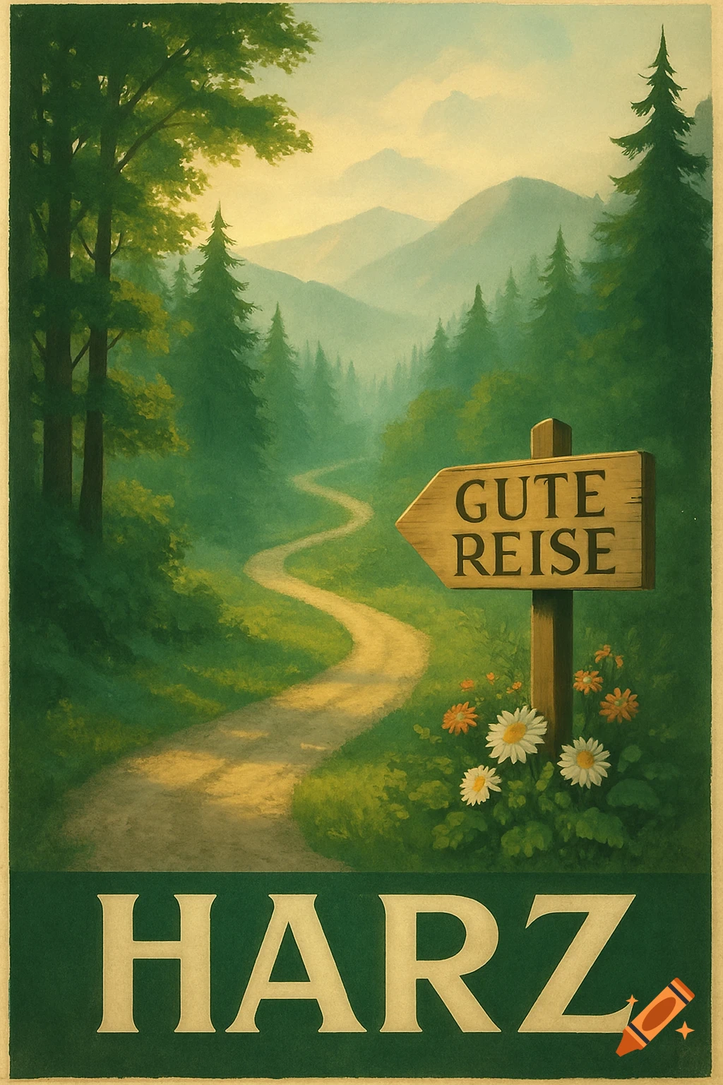 Vintage travel poster depicting a winding path through a lush green forest with mountains in the background. A wooden sign points left, reading 'GUTE REISE'. The bottom has large text 'HARZ'.