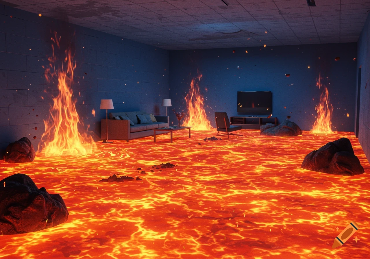 A modern living room filled with glowing orange lava, with a sofa, coffee table, TV, and large rocks partially submerged in the molten floor.