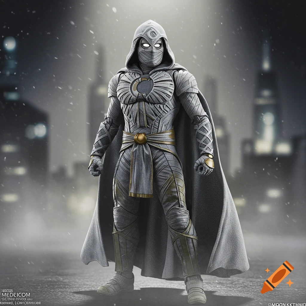 Moon Knight action figure standing in a snowy city street at night.