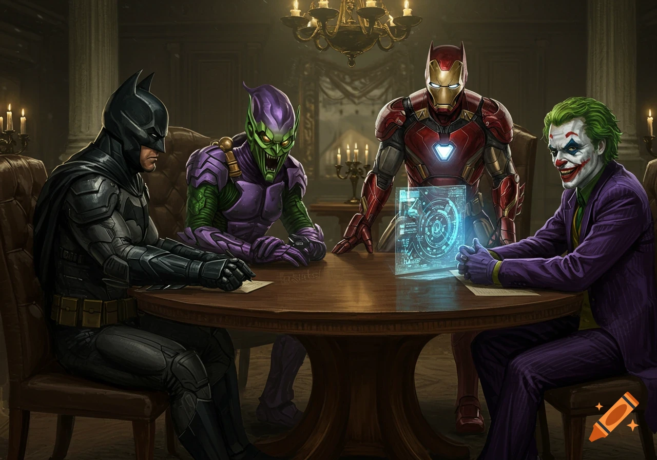 Batman, Green Goblin, Joker, and Iron Man sit at a round table, looking at a holographic display, in a digital art style.